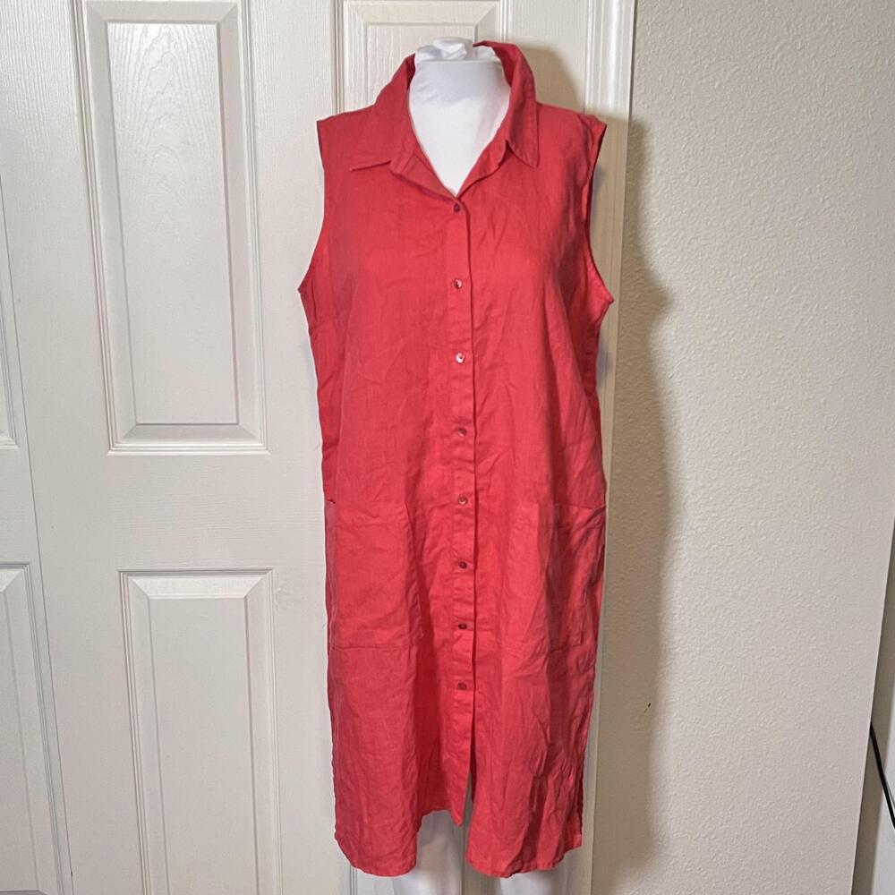 Eileen Fisher Linen Dress Salmon Medium Red Sleeveless Button Pink Shirt Midi